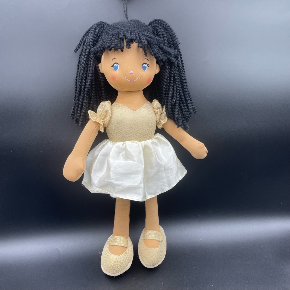 Linzy Gold Addy Black Braided Hair Soft Rag Doll in Gold Dress Plush Toy 18”